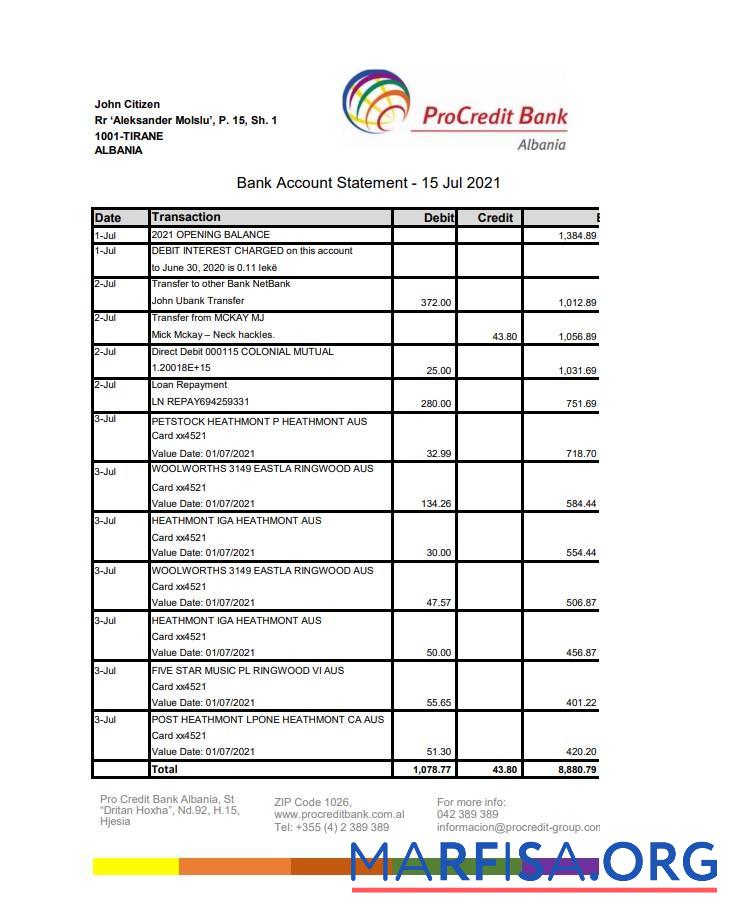 Албания ProCredit Банковский Выписка из банка предпросмотр