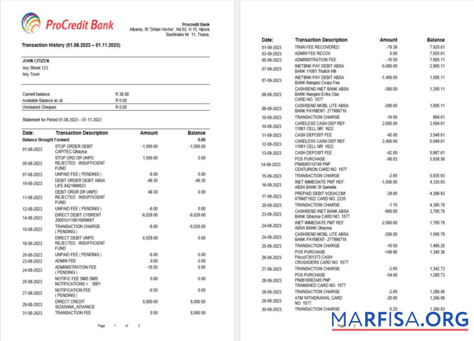 Албания ProCreditBank Банковский Выписка из банка 3 pages шаблон