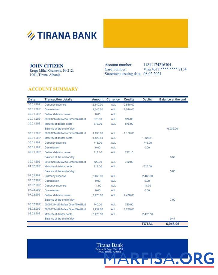 Албания Tirana Банковский Выписка из банка Excel дизайн