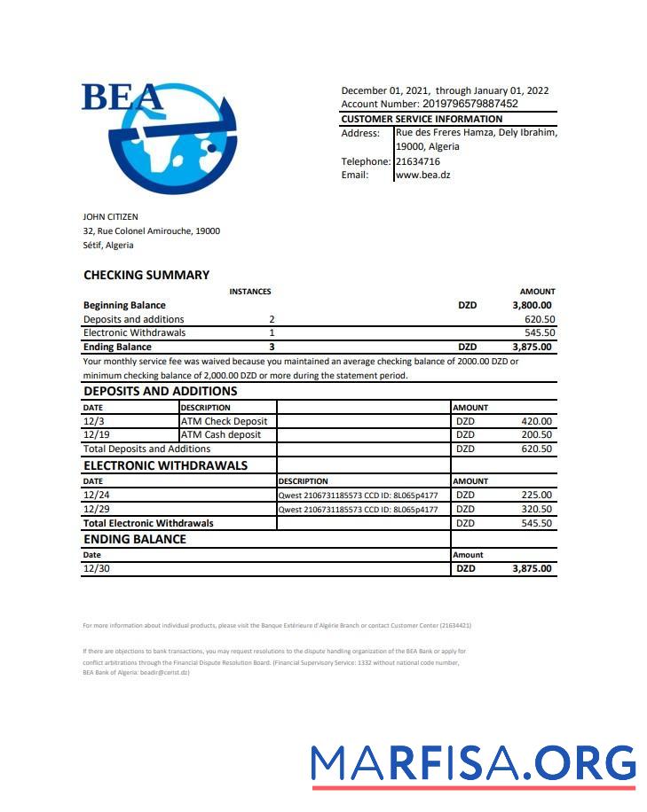 Алжир Banque exte╠ürieure dΓÇÖAlge╠ürie Банковский Выписка из банка Excel образец