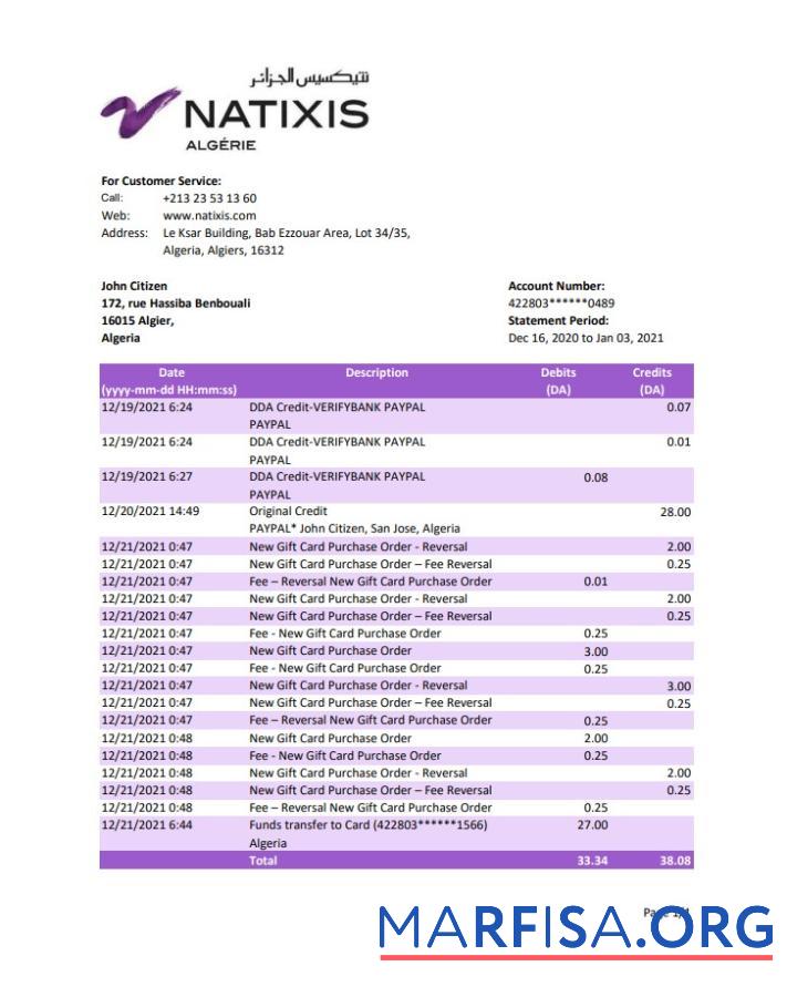 Алжир Natixis Algerie Банковский Выписка из банка Excel дизайн