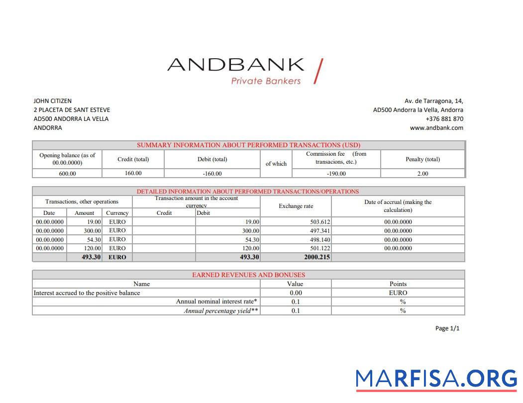 Андорра Andbank Банковский Выписка из банка Excel шаблон