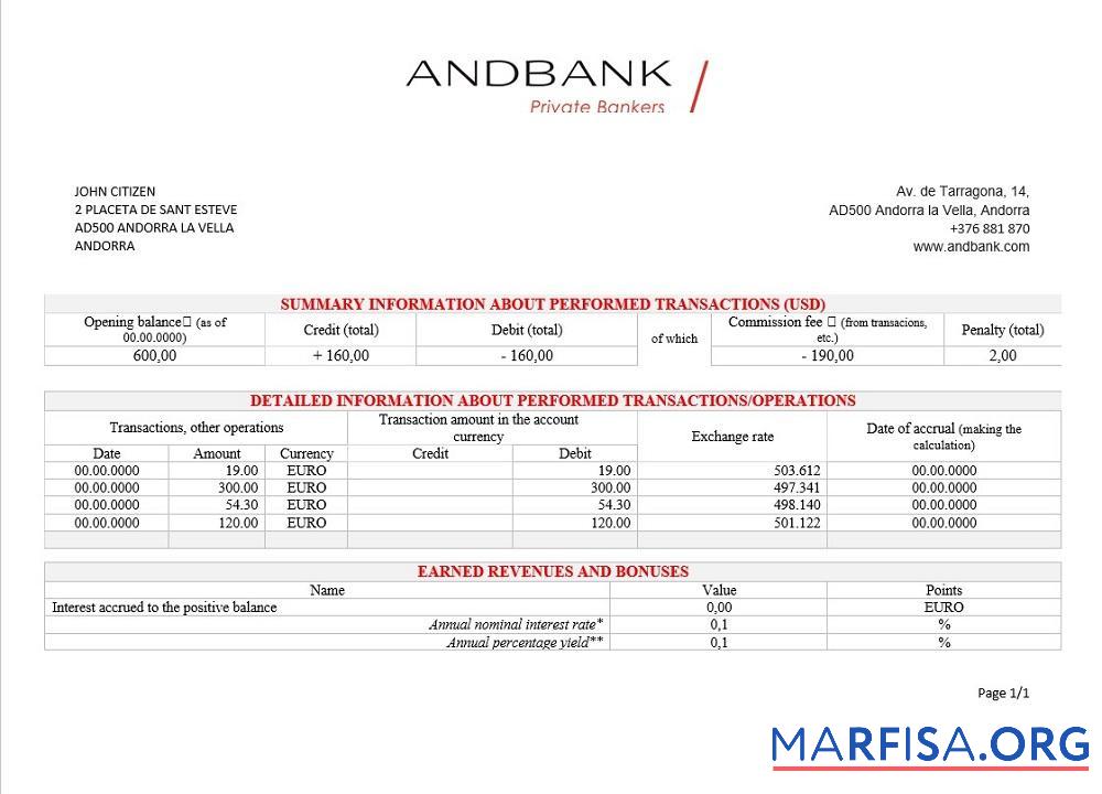 Андорра Andbank Банковский Выписка из банка предпросмотр