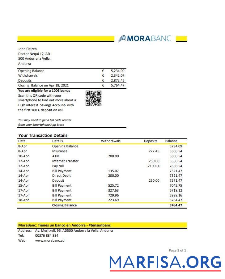 Андорра MoraBank Банковский Выписка из банка Excel предпросмотр