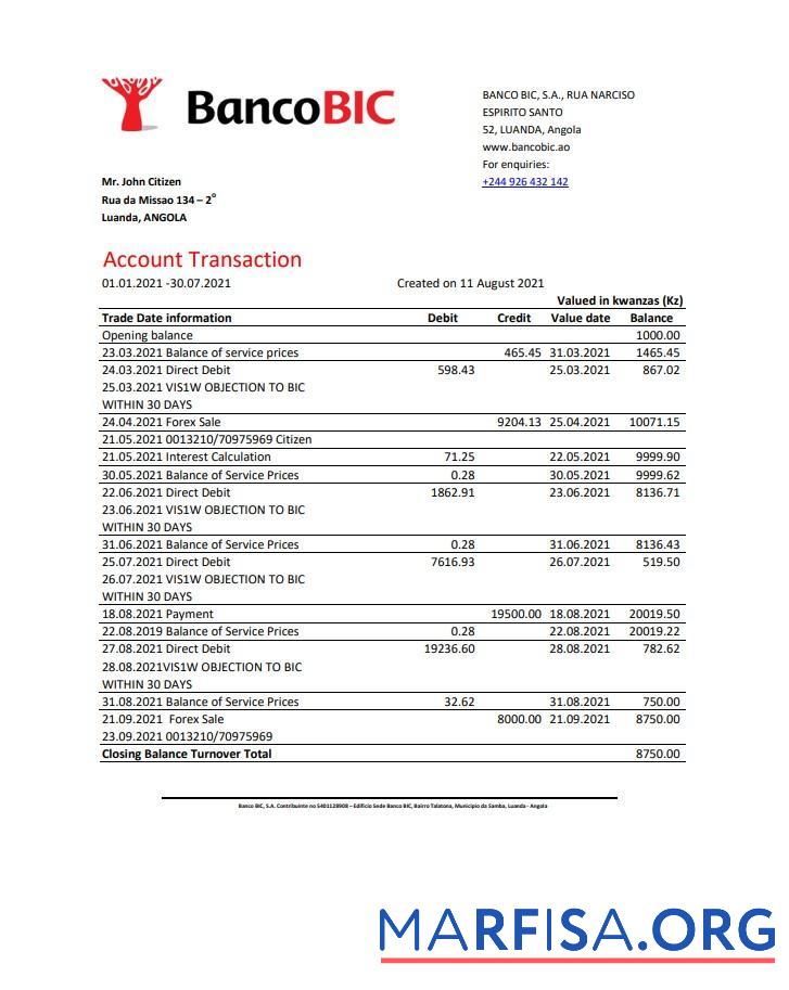 Ангола Banco BIC Банковский Выписка из банка Excel макет