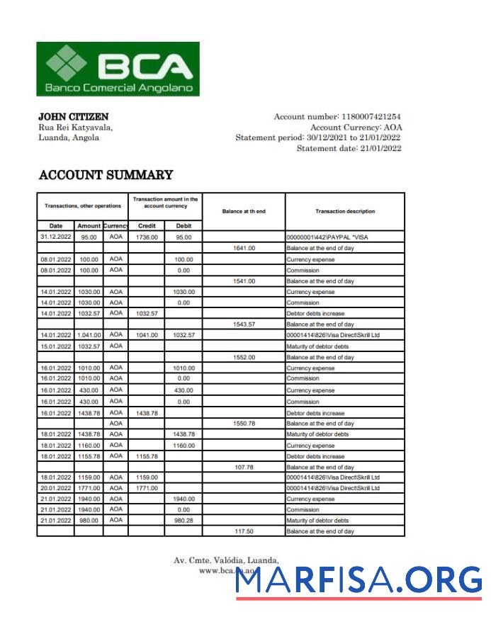 Ангола Banco Comercial Angolano Банковский Выписка из банка Excel шаблон