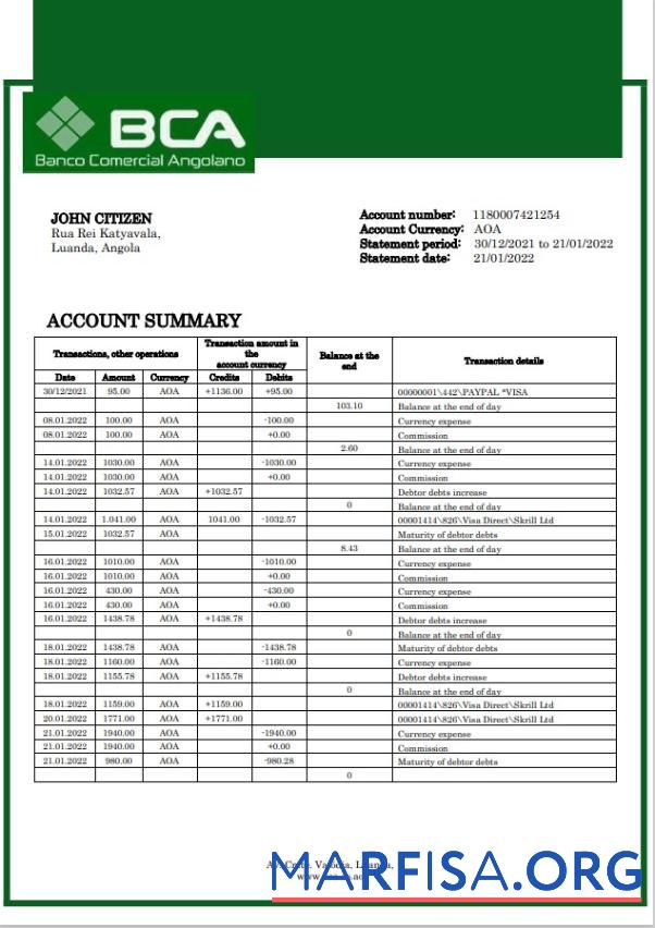 Ангола Banco Comercial Angolano Банковский Выписка из банка дизайн