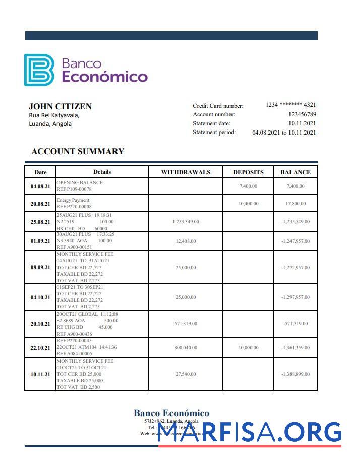 Ангола Banco Ecenomico Банковский Выписка из банка Excel дизайн