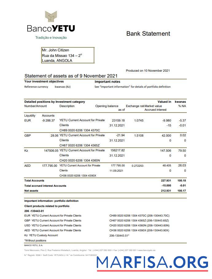 Ангола Banco Yetu Банковский Выписка из банка Excel шаблон