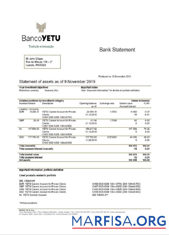 Ангола Banco Yetu Банковский Выписка из банка образец