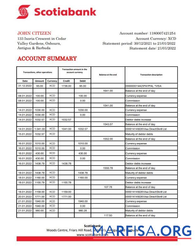 Антигуа и Барбуда Scotiabank Банковский Выписка из банка Excel макет