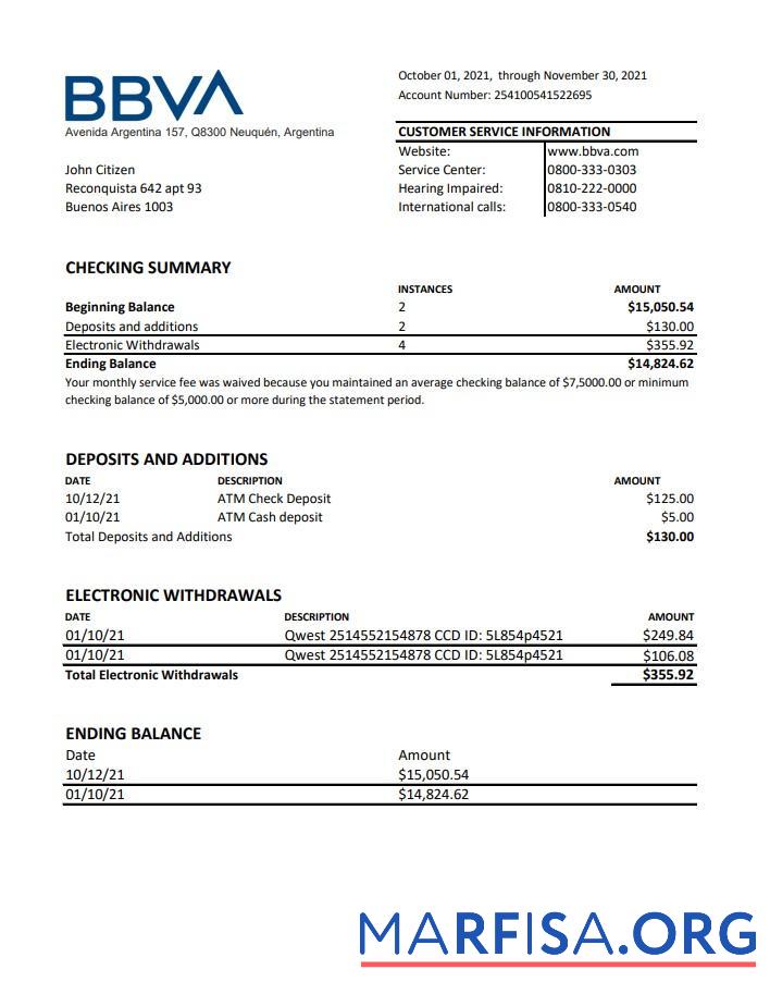 Аргентина BBVA Банковский Выписка из банка Excel образец