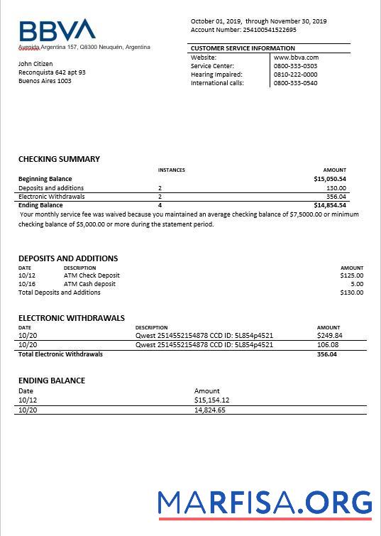 Аргентина BBVA Банковский Выписка из банка шаблон