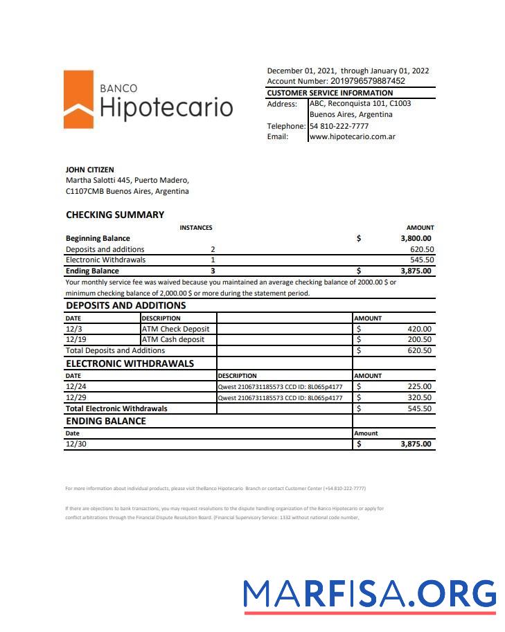 Аргентина Banco Hipotecario Банковский Выписка из банка Excel предпросмотр