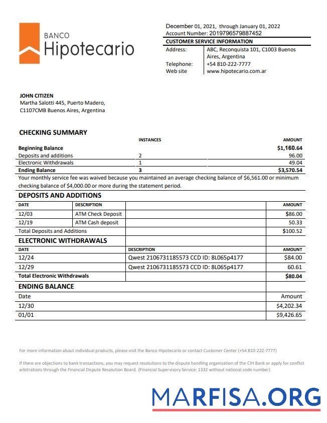 Аргентина Banco Hipotecario Банковский Выписка из банка шаблон