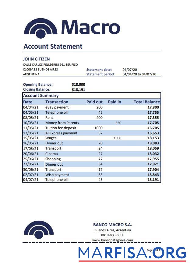 Аргентина Banco Macro S. A. Банковский Выписка из банка Excel шаблон