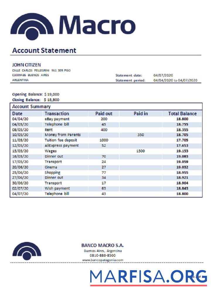 Аргентина Banco Macro S.A. Банковский Выписка из банка шаблон