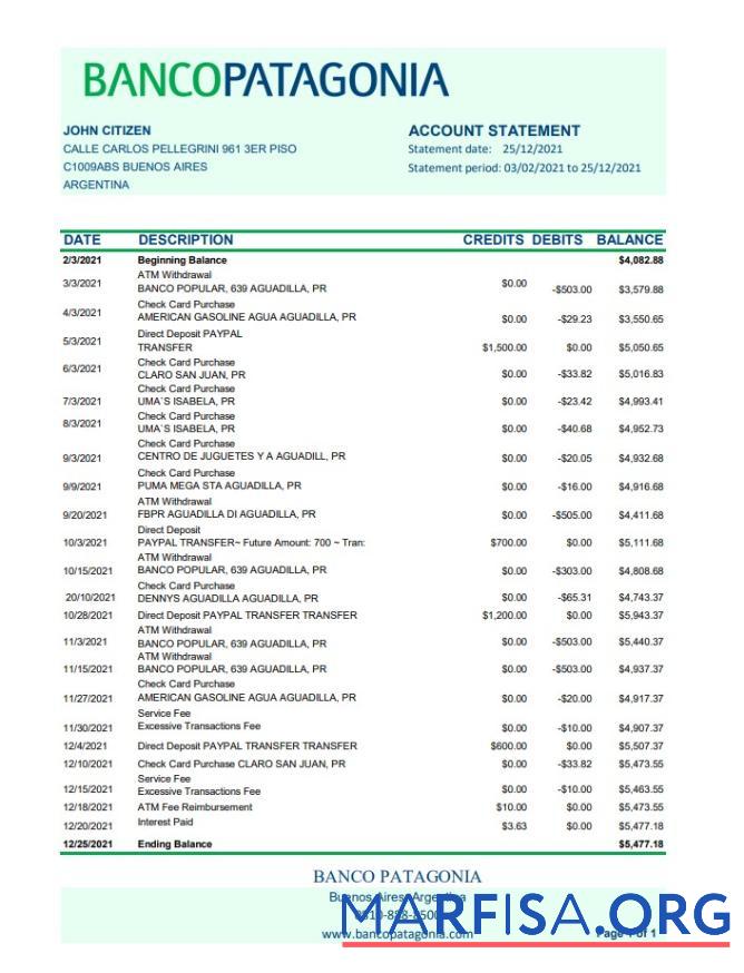 Аргентина Banco Patagonia Банковский Выписка из банка Excel шаблон