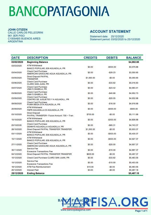 Аргентина Banco Patagonia Банковский Выписка из банка образец