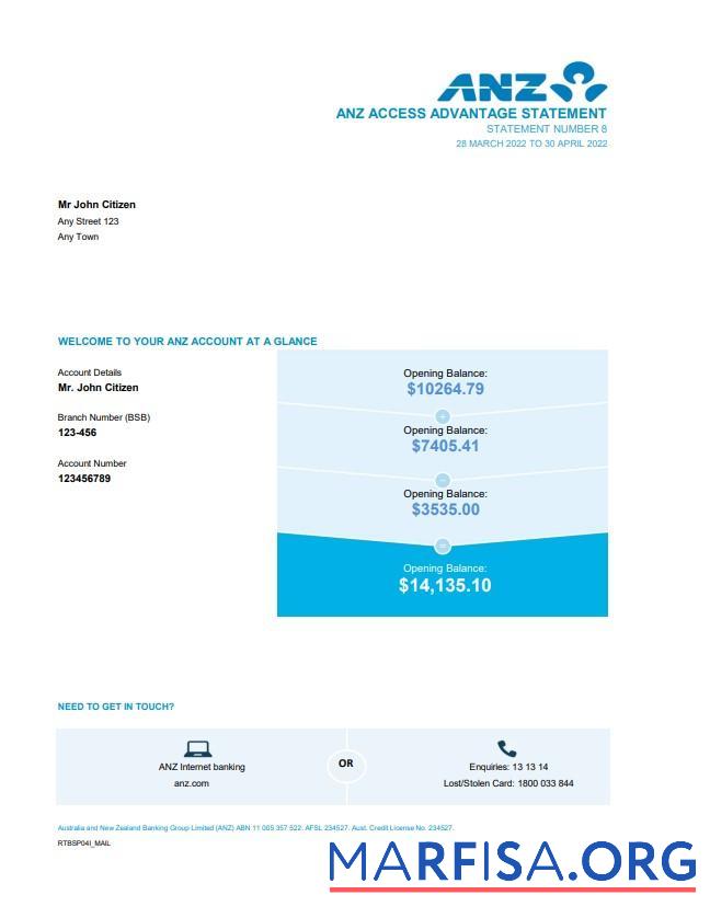 Австралия ANZ Банковский Выписка из банка Excel 2 pages дизайн