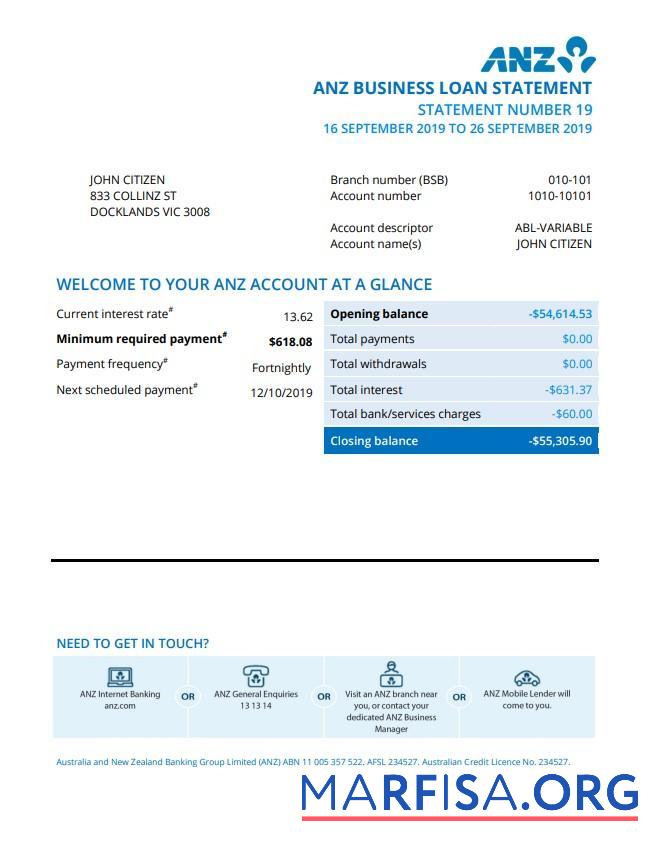 Австралия ANZ Банковский Выписка из банка дизайн
