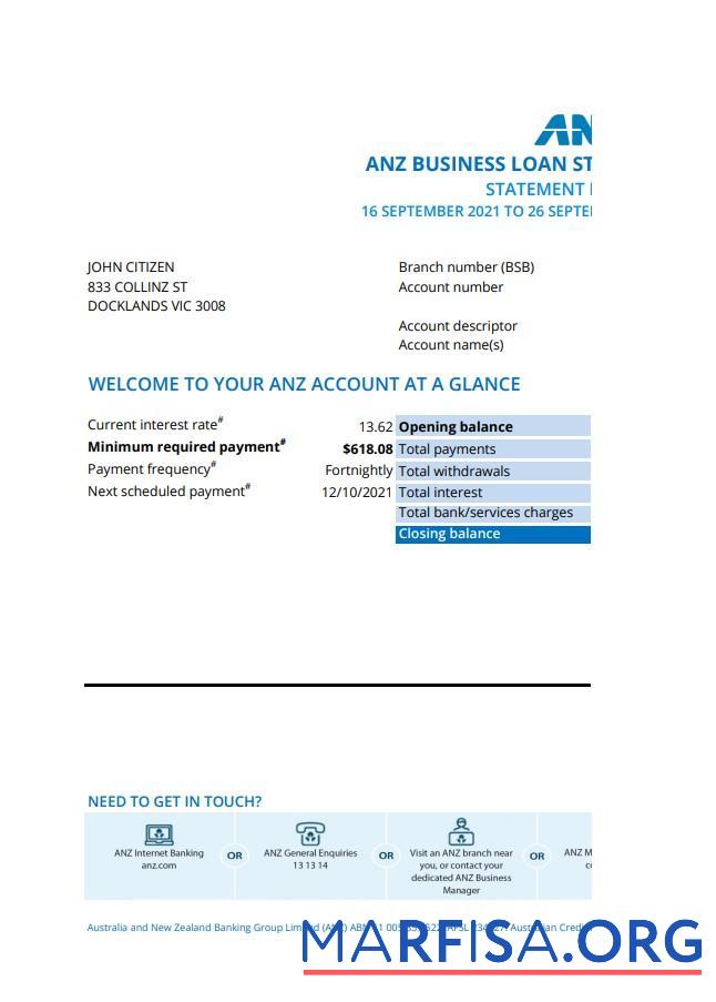 Австралия ANZ proof of address Банковский Выписка из банка 1 Страница предпросмотр