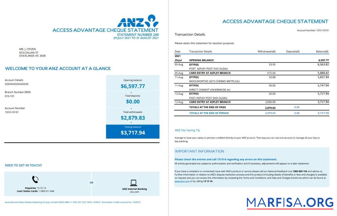 Австралия ANZ proof of address Банковский Выписка из банка 2 pages образец