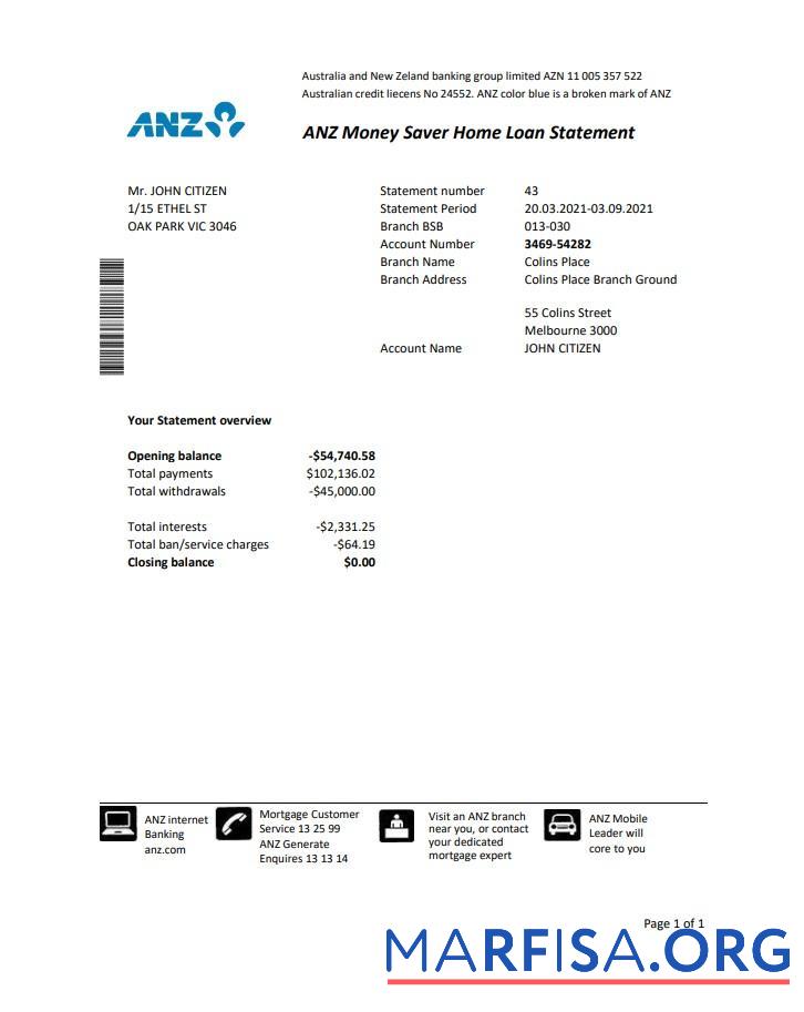 Австралия ANZ proof of address Банковский Выписка из банка Excel дизайн