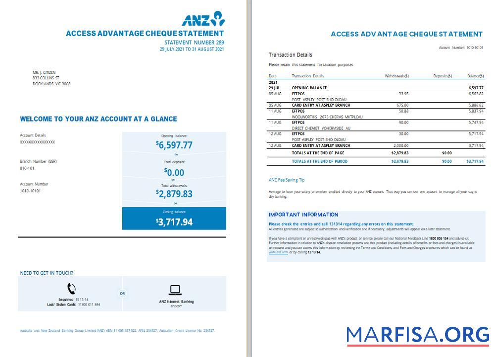 Австралия ANZ proof of address Банковский Выписка из банка.1 шаблон