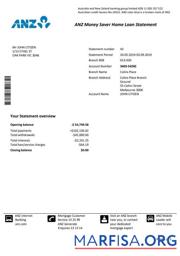Австралия ANZ proof of address Банковский Выписка из банка предпросмотр