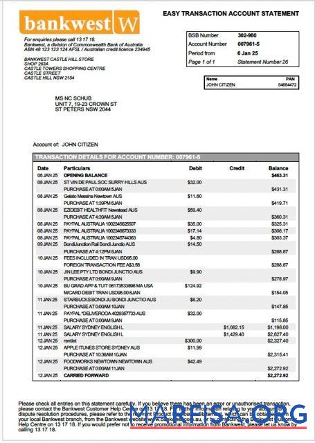 Австралия Bankwest┬áАккаунт Выписка из банка образец