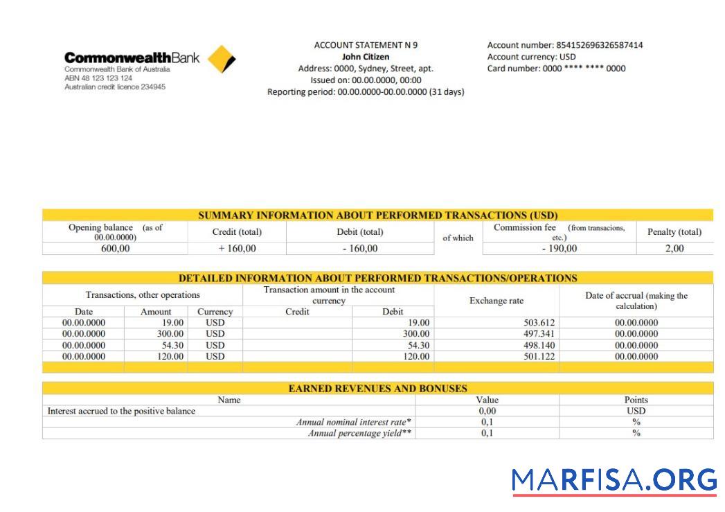 Австралия Commonwealth Аккаунт proof of address Банковский Выписка из банка макет