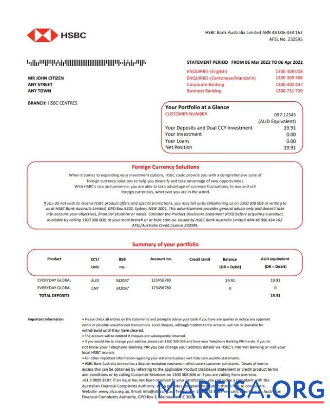 Австралия HSBC Банковский st Версия 2 дизайн