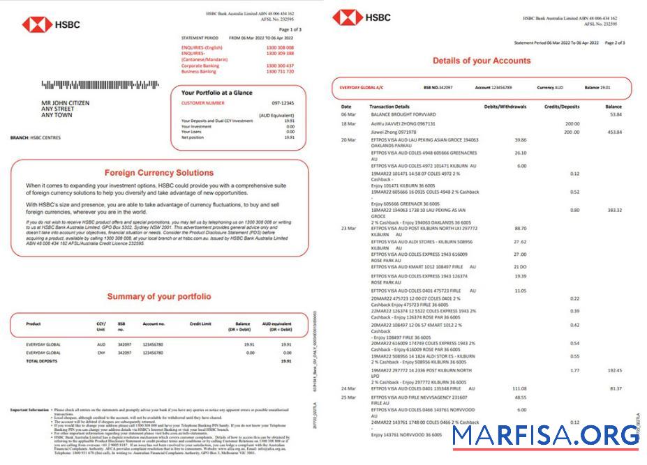 Австралия HSBC Банковский Выписка из банка 3 pages образец