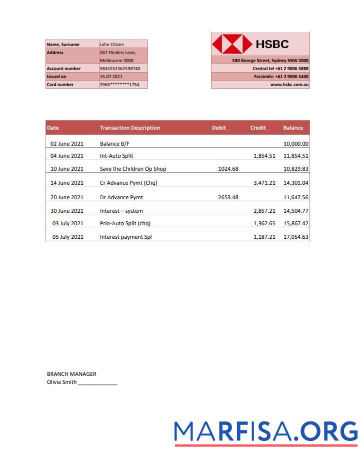 Австралия HSBC Банковский Выписка из банка Excel дизайн