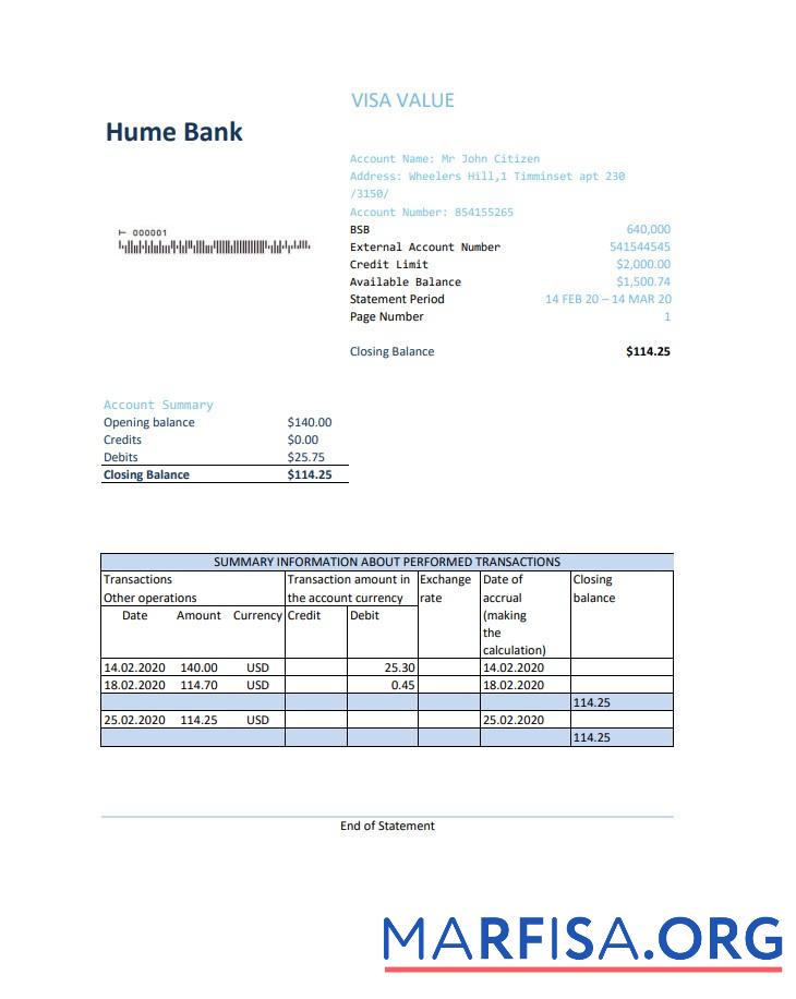Австралия Humebank Банковский Выписка из банка Excel макет