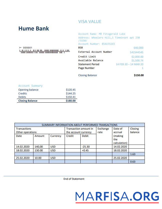 Австралия Humebank proof of address Выписка из банка макет