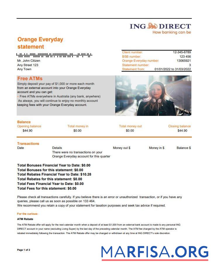 Австралия ING Direct Банковский Выписка из банка 2 pages предпросмотр