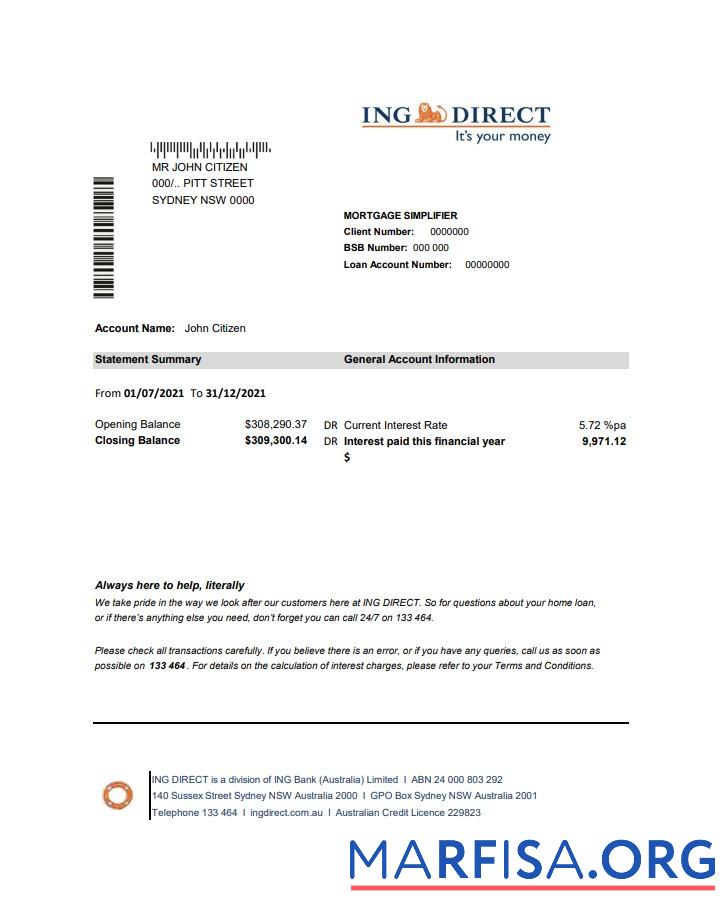 Австралия ING Direct Банковский Выписка из банка Excel макет