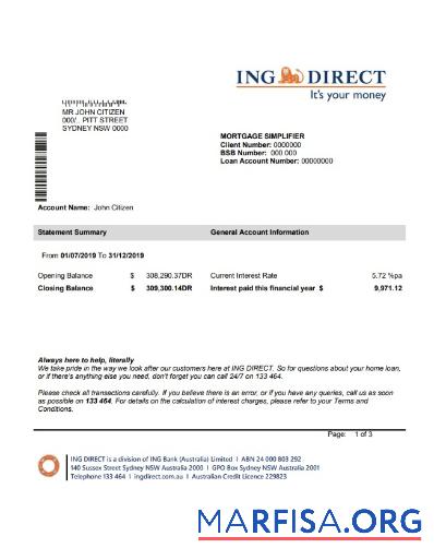 Австралия ING Direct Банковский Выписка из банка Word предпросмотр