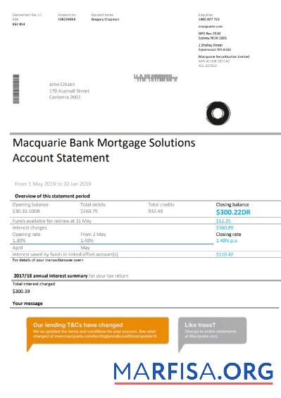 Австралия Macquaire proof of address Банковский Выписка из банка Word предпросмотр