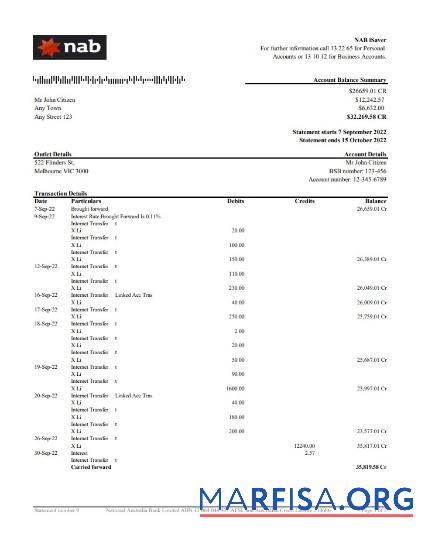 Австралия NAB Банковский Выписка из банка Excel предпросмотр