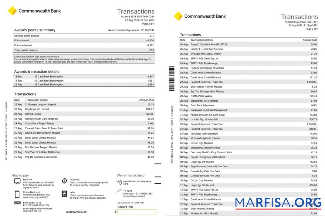 Австралия NSW Commonwealth Банковский Diamond Awards Кредит Карта Выписка из банка 4 pages Word шаблон