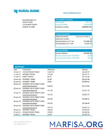 Австралия Rural Банковский Выписка из банка Excel макет