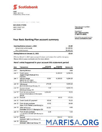 Австралия Scotiabank Выписка из банка Word предпросмотр