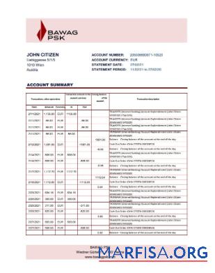 Австрия BAWAG PSK Банковский Выписка из банка Excel шаблон