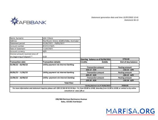 Азербайджан Afbbank Банковский Выписка из банка Excel Версия 2 макет