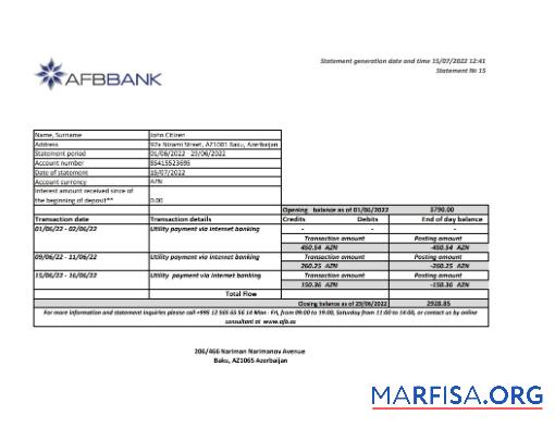 Азербайджан Afbbank Банковский Выписка из банка Excel шаблон