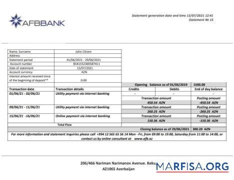 Азербайджан Afbbank Банковский Выписка из банка Word дизайн