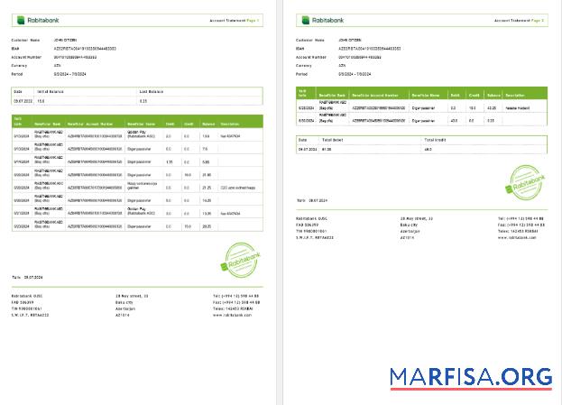 Азербайджан Rabitabank Банковский Выписка из банка 2 pages Word макет